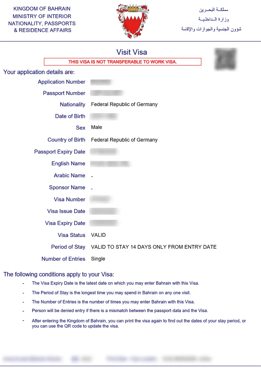 Bahrain eVisa – sample document